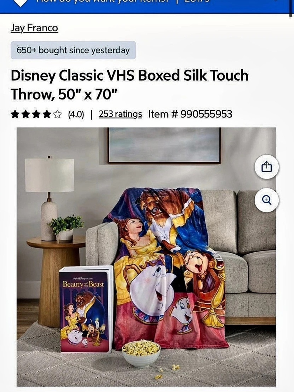 Disney Classic VHS Boxed Silk Touch Throw Beauty and the beast